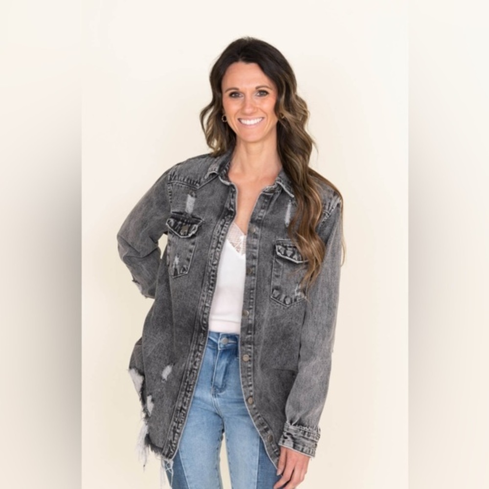 Distress denim shacket